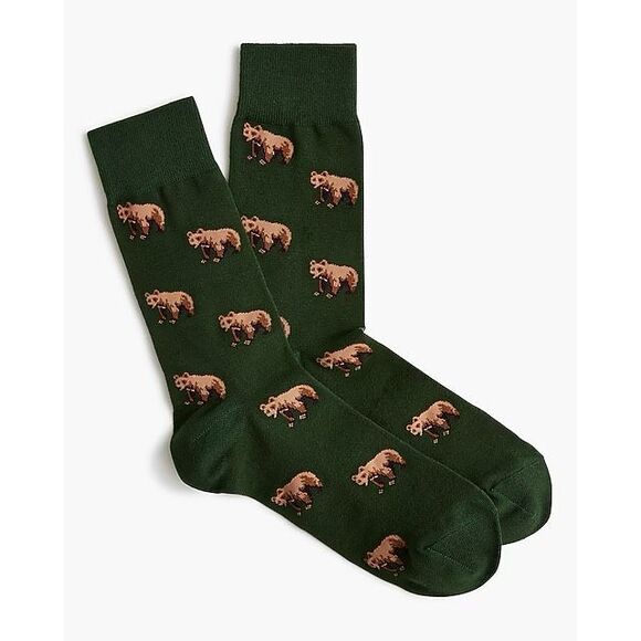 J.Crew Men’s Bear Crew Socks Hunter Green Novelty Animal New with Tags - Picture 1 of 3